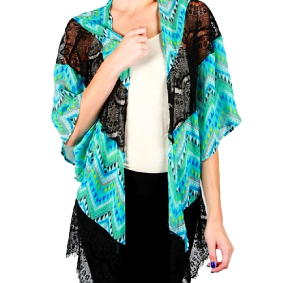 Jackets & Blazers - Turquoise and Black Lace Kimono